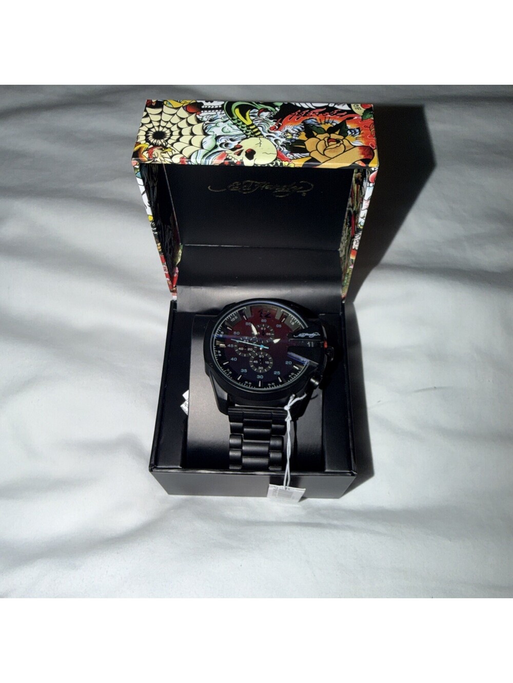 Ed Hardy Mens Chronograph Black Stainless Steel Bracelet Watch NWP